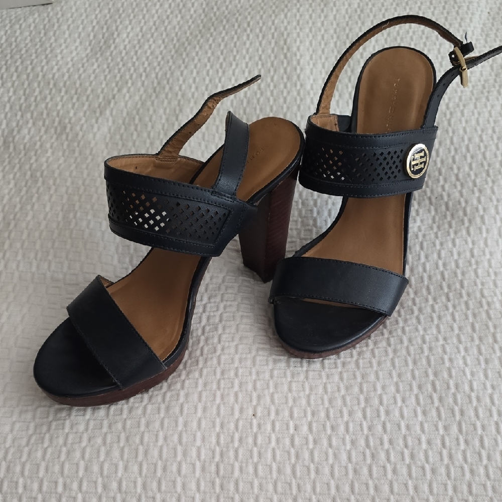 Tommy Hilfiger Navy Stacked Heel Sandals Classic Design